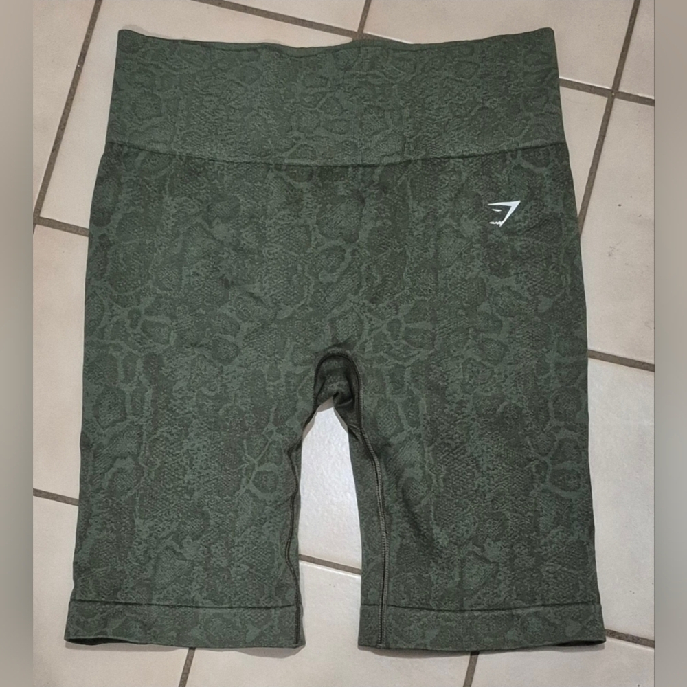 Gymshark Snakeskin Textured High-Waisted Biker Shorts — Olive Green (Size S)